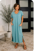 Fix You Right Up Short Sleeve Midi Dress in Dusty Teal