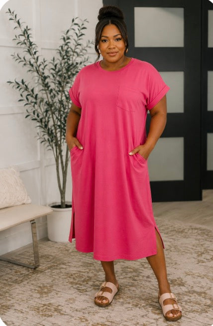 Fix You Right Up Short Sleeve Midi Dress in Hot Pink